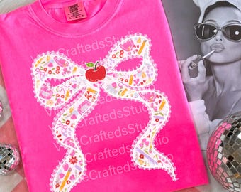 Lace pink Back to school coquette png, preppy teacher bow png, First Day Of School Png, coquette apple png, Teacher Png, Back To School Png