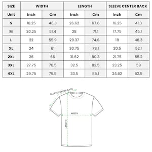 May include: A chart detailing the measurements of a classic unisex t-shirt. The chart includes sizes S to 4XL, with measurements in inches and centimeters for width, length, and sleeve center back. The text at the top reads "CLASSIC UNISEX T SHIRT COMFORT COLORS 1717 (MADE IN US)".
