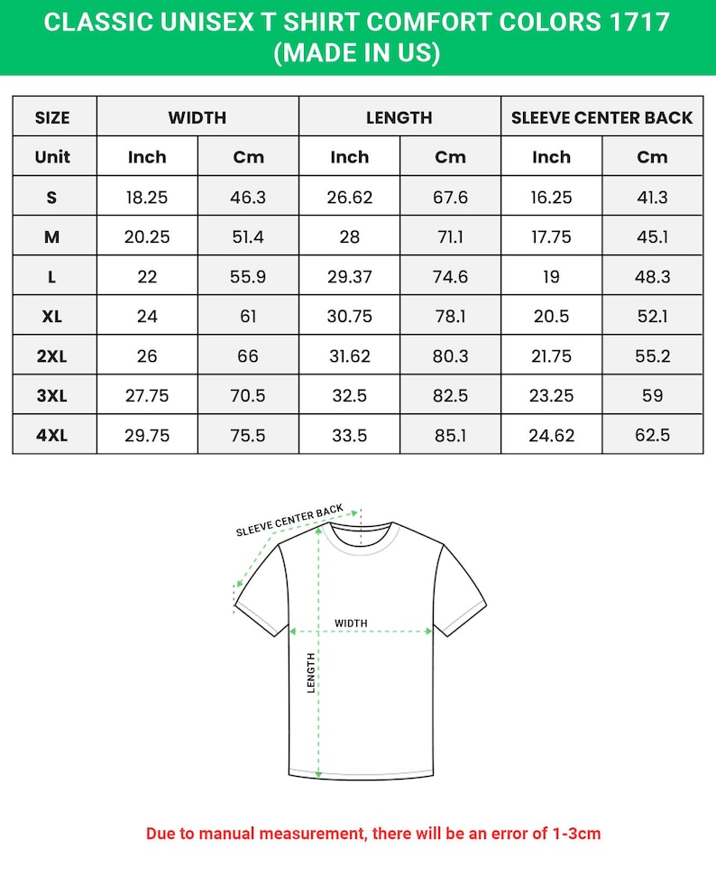 May include: A chart detailing the measurements of a classic unisex t-shirt. The chart includes sizes S to 4XL, with measurements in inches and centimeters for width, length, and sleeve center back. The text at the top reads "CLASSIC UNISEX T SHIRT COMFORT COLORS 1717 (MADE IN US)".