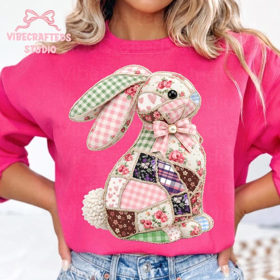 Patchwork Bunny Coquette png, floral patchwork bunny png, Faux Quilt Easter Bunny png, Vintage Fabric Bunny png, Easter png