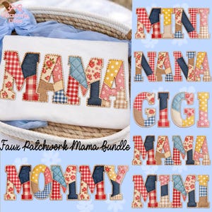 Faux Patchwork Mama Nana Gigi png Bundle, Vintage Quilt Floral Mama png, Mommy Mimi Mini png Set, Retro Fabric Sublimation, Mothers day png