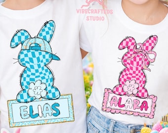 Custom Easter Bunny png, Matching Kids Shirt Design, Retro checkered bunny Graphic for Boy Girl, coquette bunny png, personalized kids shirt