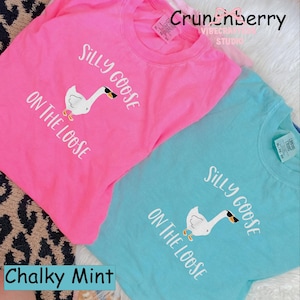 May include: Two t-shirts, one pink and one teal, with the phrase "SILLY GOOSE ON THE LOOSE" and a graphic of a goose wearing sunglasses. The pink shirt has the word "Crunchberry" printed at the top. The teal shirt has the words "Chalky Mint" at the bottom.