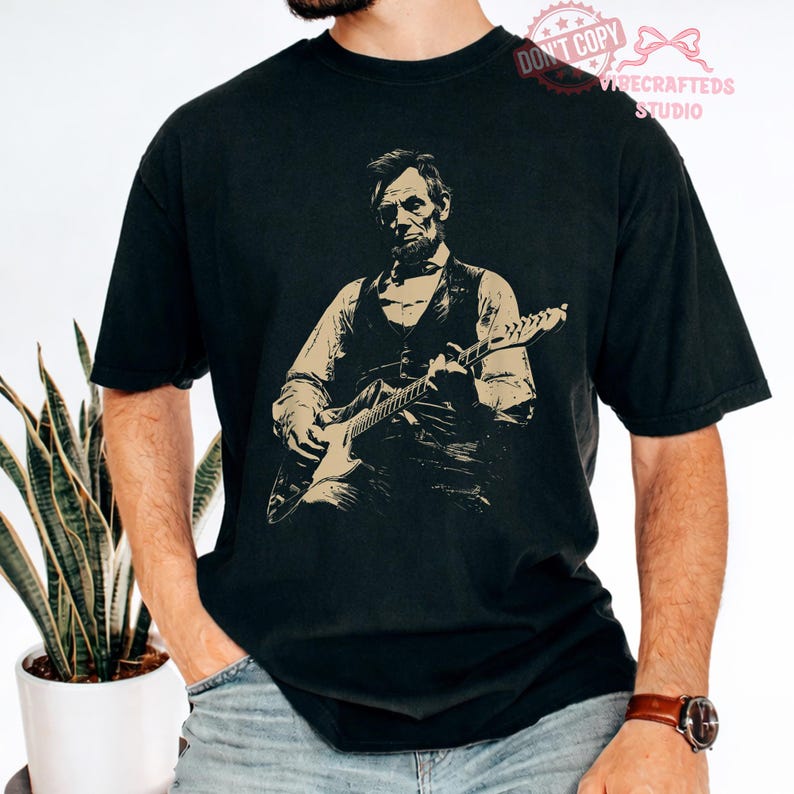 President Abraham Lincoln Playing Guitar Abe Lincoln Comfort Colors T-Shirt, Funny History Music Lover Gift, Vintage Political Humor Tee image 2