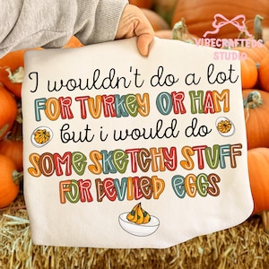 May include: Cream-colored, rectangular decorative pillow with the text "I wouldn't do a lot FOR TURKEY OR HAM but i would do SOME SKETCHY STUFF FOR DEVILED EGGS" in colorful, playful lettering. The pillow has a whimsical design with food illustrations.