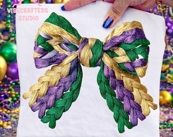 Mardi Gras Rope Bow PNG, Purple Green Gold Braided Bow, Coquette Carnival Bow Design, Mardi Gras Sublimation PNG