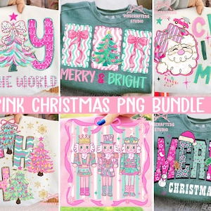 May include: A collection of pink Christmas-themed designs on sweatshirts and a t-shirt. The designs include Christmas trees, Santa Claus, nutcrackers, and the phrases "Joy to the World", "Merry & Bright", and "Christmas".