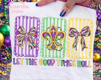 Let The Good Times Roll png, Desenho de Flor de Lis com Laço de Mardi Gras, Pinceladas Roxas, Verdes e Douradas para o Carnaval png, flor de lis png, mardi gras png