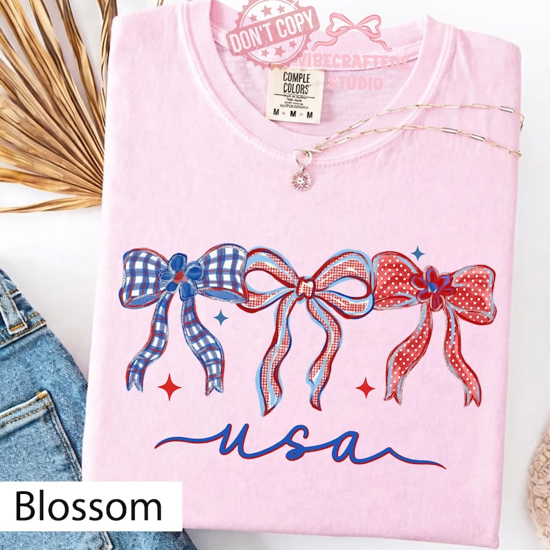 Coquette Bow USA Comfort Colors T-Shirt, Girly Patriotic Americana Tee, Glitter 4th of July Ribbon Shirt, Preppy USA Graphic Tee image 7