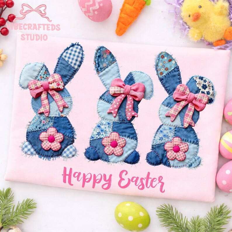 May include: A pink Easter-themed shirt featuring three denim bunny appliqu&eacute;s with pink bows and flower accents. The words "Happy Easter" are printed in pink script below the bunnies. Decorative Easter eggs and a toy chick are in the background.