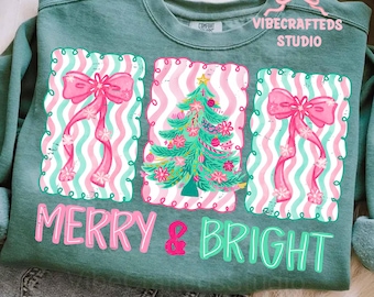 Floral preppy christmas tree bow png, merry & bright png, floral coquette png, preppy christmas png, Pink Blue christmas png,merry christmas