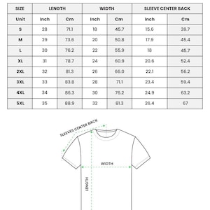 May include: A size chart for a classic unisex t-shirt with a table listing length, width, and sleeve center back measurements in inches and centimeters for sizes S through 5XL, accompanied by a line drawing of a t-shirt showing measurement points.