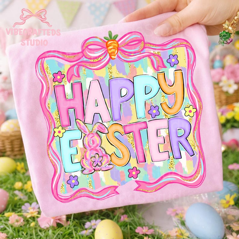 May include: A light pink t-shirt with a colorful "Happy Easter" graphic. The design features a bunny, flowers, and a carrot bow. The text is in pastel colors with a glittery background, perfect for Easter.