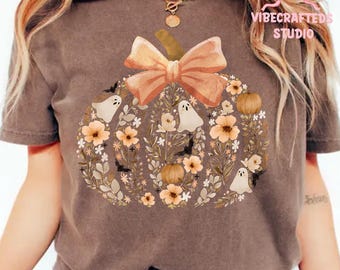 Fantasma de calabaza floral vintage PNG, fantasma de otoño floral PNG, lazo de calabaza floral PNG, Halloween PNG, Halloween vintage PNG, camisa de Halloween PNG