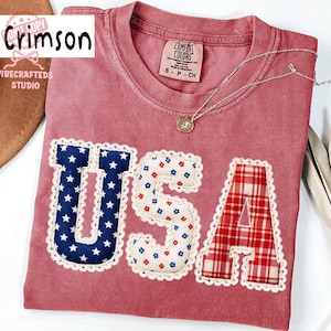 Vintage Faux Patchwork Lace USA Varsity Shirt, 4th of July Comfort Colors Shirt, Patriotic Quilted USA Graphic Tee, Independence Day Shirt