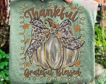 Thankful grateful Camo pumpkin coquette PNG, Camo Country Distressed, Camo Cozy Season, pumpkin season, brushstroke pumpkin png,thanksgiving