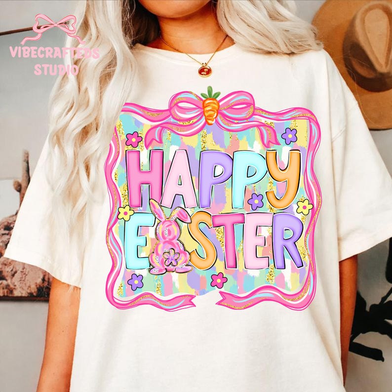 May include: Cream-colored t-shirt featuring a colorful "Happy Easter" graphic. The design includes a pink bow, a carrot, a bunny, and pastel-colored text and background elements. The shirt is a casual, festive apparel item.