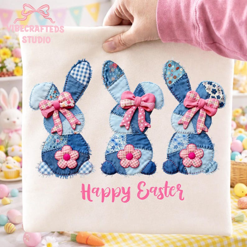 May include: A cream-colored Easter-themed fabric panel featuring three patchwork bunny figures in denim and floral fabrics. Each bunny has a pink bow and a flower. The words "Happy Easter" are printed in pink.