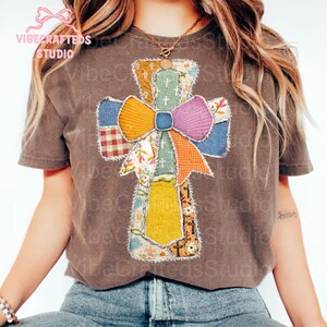 Patchwork Cross PNG with Bow, Faux Applique Embroidery Cross, Christian Easter Cross PNG, Vintage Faith Shirt Design, Easter png