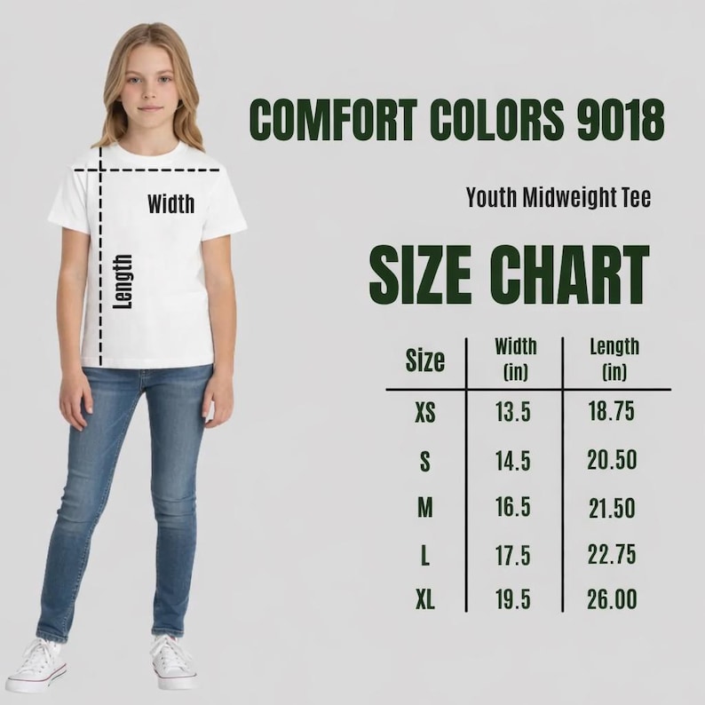 May include: A person wearing a white t-shirt and blue jeans. The shirt features a size chart with measurements in inches for Youth Midweight Tees. The text "COMFORT COLORS 9018" is at the top.