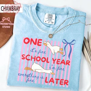 May include: Light blue t-shirt with the text "ONE it's fine SCHOOL YEAR i'm fine everything is fine LATER". The shirt features a graphic of two white geese and pink and blue accents. A silver necklace is draped across the shirt.
