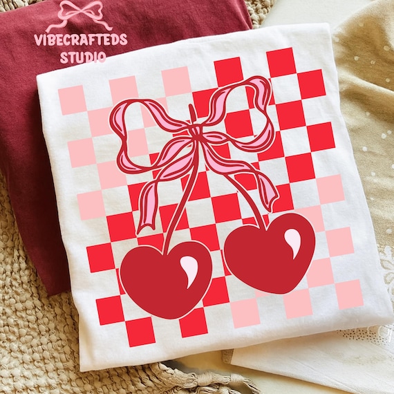 Coquette Cherry png, Bow Heart Checkered PNG, Pink Red Checkered Sublimation,Girly Aesthetic PNG, Retro Valentine PNG, valentine sublimation