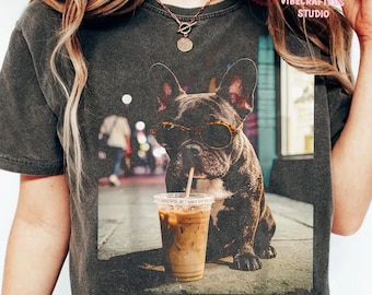 French Bulldog Iced Coffee Shirt, Funny Dog Coffee Lover Tee, Grunge Frenchie Graphic Shirt, Trendy Aesthetic Dog Tee, Comfort Colors Shirt