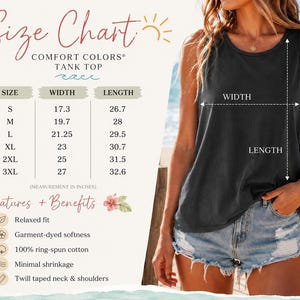 May include: A black tank top with a size chart displaying width and length measurements in inches for sizes S through 3XL. The chart lists features including relaxed fit, garment-dyed softness, 100% ring-spun cotton, minimal shrinkage, and twill taped neck and shoulders.