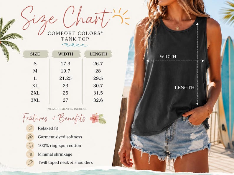 May include: A black tank top with a size chart displaying width and length measurements in inches for sizes S through 3XL. The chart lists features including relaxed fit, garment-dyed softness, 100% ring-spun cotton, minimal shrinkage, and twill taped neck and shoulders.