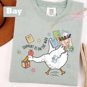 Puede incluir: Camiseta verde salvia Comfort Colors con un diseño caprichoso de un ganso blanco que lleva materiales de IEP. El diseño incluye una manzana, estrellas y el texto "Support is on the Way". Se ve un collar dorado.