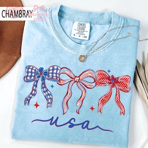 Coquette Bow USA Comfort Colors T-Shirt, Girly Patriotic Americana Tee, Glitter 4th of July Ribbon Shirt, Preppy USA Graphic Tee