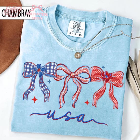 Coquette Bow USA Comfort Colors T-Shirt, Girly Patriotic Americana Tee, Glitter 4th of July Ribbon Shirt, Preppy USA Graphic Tee