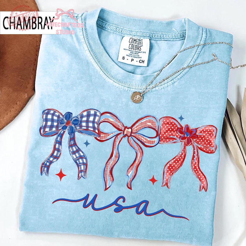 Coquette Bow USA Comfort Colors T-Shirt, Girly Patriotic Americana Tee, Glitter 4th of July Ribbon Shirt, Preppy USA Graphic Tee