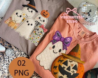 Patchwork spöke och pumpa png-paket, Vintage halloween png, Quilt spöke sublimering, mysig läskig höstskjortadesign, retro Halloween spöke