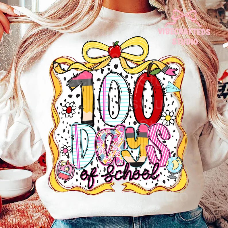 100 Days of School Coquette pencil png, Dalmatian Dots, Cute 100th Day Shirt Graphic for Teacher Students, Teacher Png, Teacher 100 days