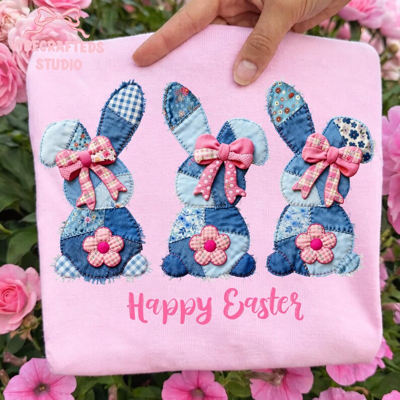 May include: A light pink Easter-themed shirt featuring three denim bunny appliqu&eacute;s with pink bows and flower accents. The bunnies have patchwork ears and bodies. The words "Happy Easter" are printed in pink.