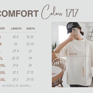 May include: Cream-colored t-shirt with the text "COMFORT Colors 1717". The shirt's measurements are listed in inches, with sizes ranging from S to 4XL. The model is wearing the shirt. The shirt's length is 26.6 inches for size S, and 33.5 inches for size 4XL.