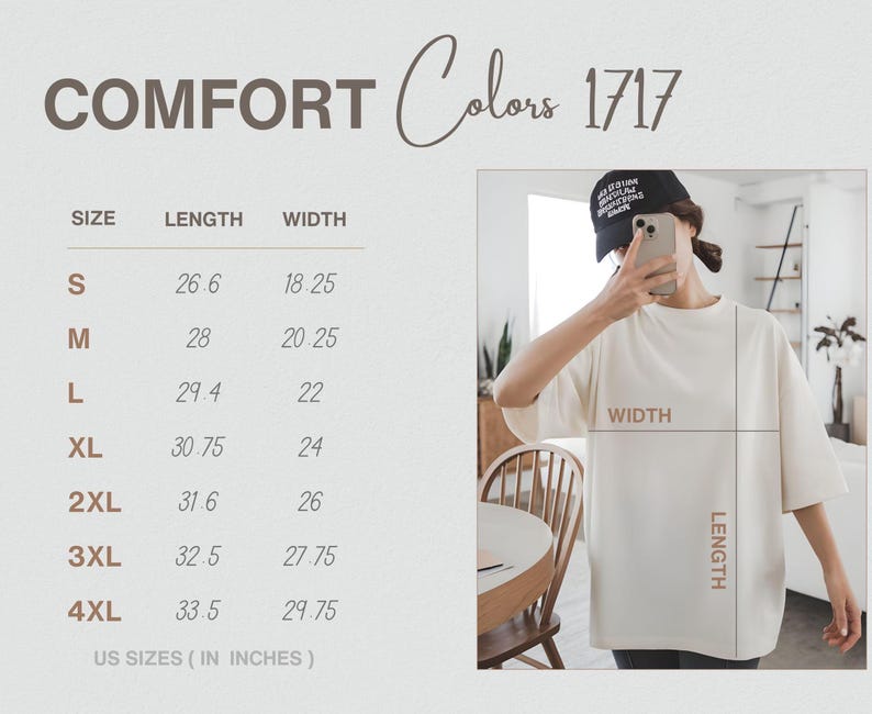 May include: Cream-colored t-shirt with the text "COMFORT Colors 1717". The shirt's measurements are listed in inches, with sizes ranging from S to 4XL. The model is wearing the shirt. The shirt's length is 26.6 inches for size S, and 33.5 inches for size 4XL.