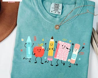 Niedliches Schulzubehör Komfort Farben Shirt, Zurück zu Schullehrer Erwachsene Jugend Shirt, Buntstift Bleistift Notizbuch T-shirt, Kindergärtnerin Geschenk