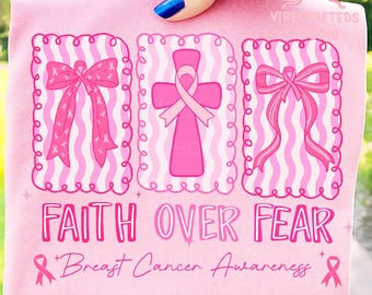 Retro checkered Faith over fear png, Jesus cross Coquette Png, Breast Cancer png, Heal Cancer png, Pink Ribbon, Cancer brushstrokes png