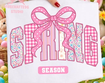 Faux Embroidery Spring varsity png, Spring Season PNG, Floral Doodle PNG, Pink Bow Spring Design, Plaid Spring season png