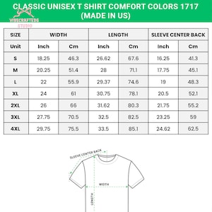 Puede incluir: Una tabla de tallas para una camiseta unisex cl&aacute;sica Comfort Colors 1717. La tabla enumera las tallas de la S a la 4XL con medidas de ancho, largo y manga en pulgadas y cent&iacute;metros, acompa&ntilde;ada de un dibujo lineal de una camiseta como referencia.