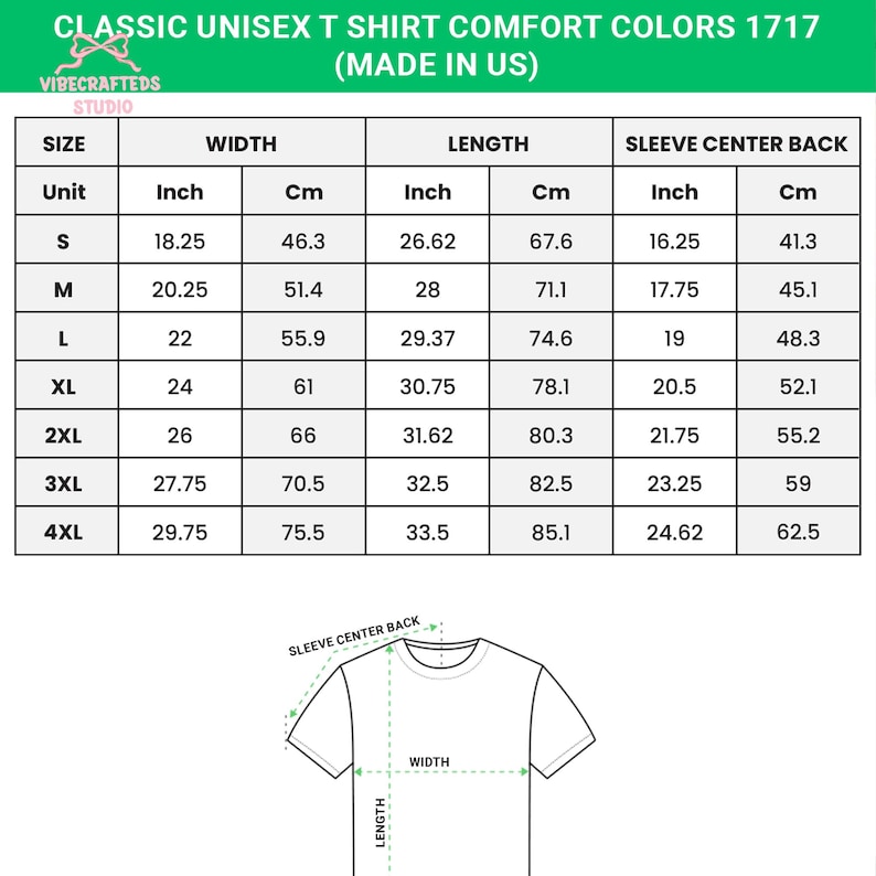 Puede incluir: Una tabla de tallas para una camiseta unisex cl&aacute;sica Comfort Colors 1717. La tabla enumera las tallas de la S a la 4XL con medidas de ancho, largo y manga en pulgadas y cent&iacute;metros, acompa&ntilde;ada de un dibujo lineal de una camiseta como referencia.