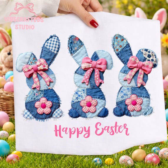Patchwork Bunny Pink coquette png, Faux floral Denim Bunny Design, Coquette Easter Bunny PNG, Happy Easter png, Easter png, Bunny png