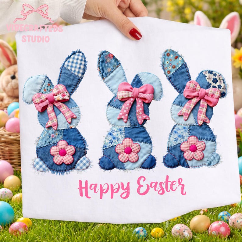 Patchwork Bunny Pink coquette png, Faux floral Denim Bunny Design, Coquette Easter Bunny PNG, Happy Easter png, Easter png, Bunny png