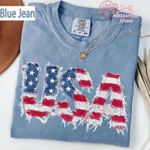 Pu&ograve; includere: T-shirt azzurra con la scritta "USA" applicata sul davanti. Le lettere sono realizzate in denim e tessuto a righe rosse e bianche, con un bordo sfilacciato. Una collana d'oro &egrave; appoggiata sulla maglietta.