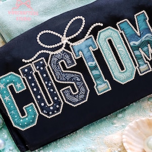 Faux Pearl Custom Beach Varsity png, Beachl Name png, Coastal Preppy Custom Name Design, Blue Ocean Patchwork png, Summer Vacation Shirt png