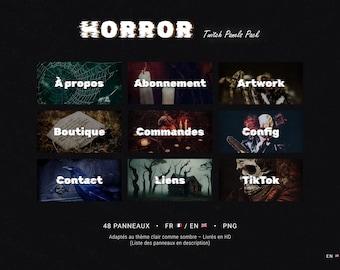 Może przedstawiać: Ciemny obraz przedstawiający pakiet paneli Twitch "HORROR". Pakiet zawiera panele z tekstem takim jak "Artwork", "Config" i "TikTok", każdy z motywem horroru. Obraz zawiera również tekst "48 PANNEAUX" i "PNG".