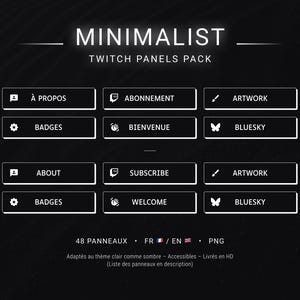 48 Minimalist Twitch Panels, black and white  |  English and French  |  Instant download  |  For Twitch and Kick streamers