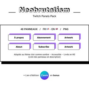 May include: A white graphic with the text "Neobrutalism Twitch Panels Pack." The image includes a set of Twitch panels with labels like "About" and "Subscribe." The design is adaptable for light or dark themes and is delivered in HD.
